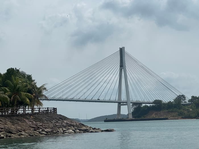 One of the Barelang bridges seen across the water from a rocky shore lined with palms.